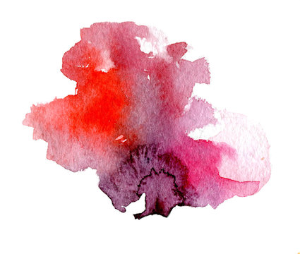 Bright watercolor pink-red stain drips. Abstract illustration on a white background.