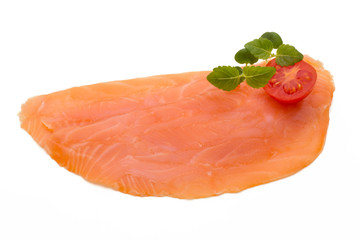 Fresh salmon slice and spice on the white background.