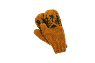 Yellow knitted mittens with green handmade pattern on a white background. View from above.