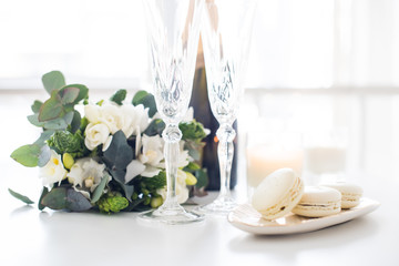 Beautiful wedding decoration with champagne and flowers, elegant