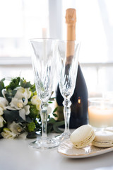 Beautiful wedding decoration with champagne and flowers, elegant