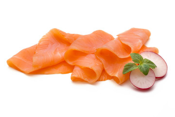 Fresh salmon slice and spice on the white background.