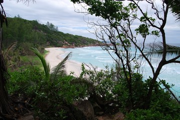 Seychelles, the island of La Digue. Beach on the eve of a thunderstorm