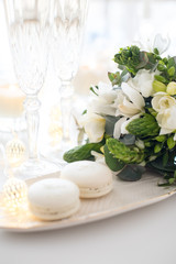 Beautiful wedding decoration with champagne and flowers, elegant