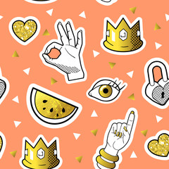 Fashionable Seamless Pattern in Pop Art Style with Golden Badges and Patches. Fabric Background 80s-90s with Hands and Hearts. Vector illustration