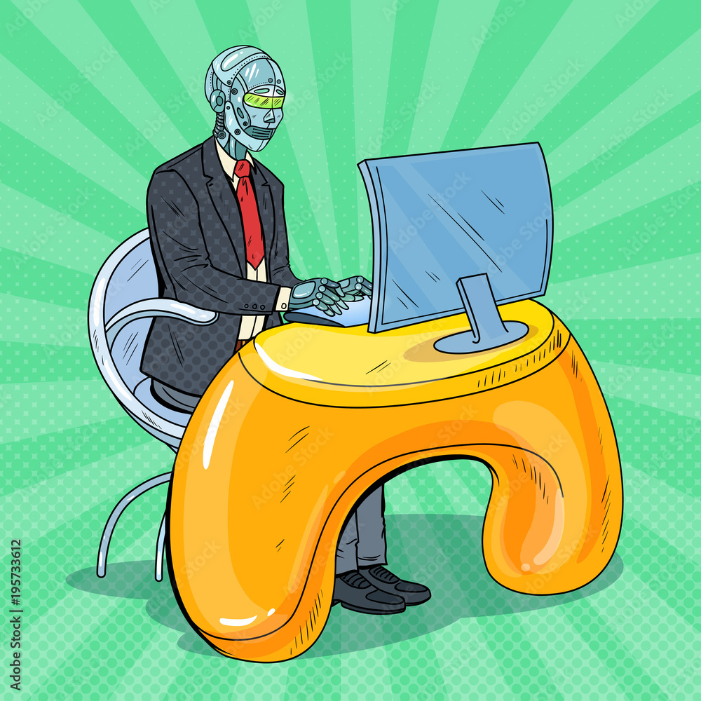 Poster pop art futuristic robotic man working with computer. artificial intelligence technology. robot offi