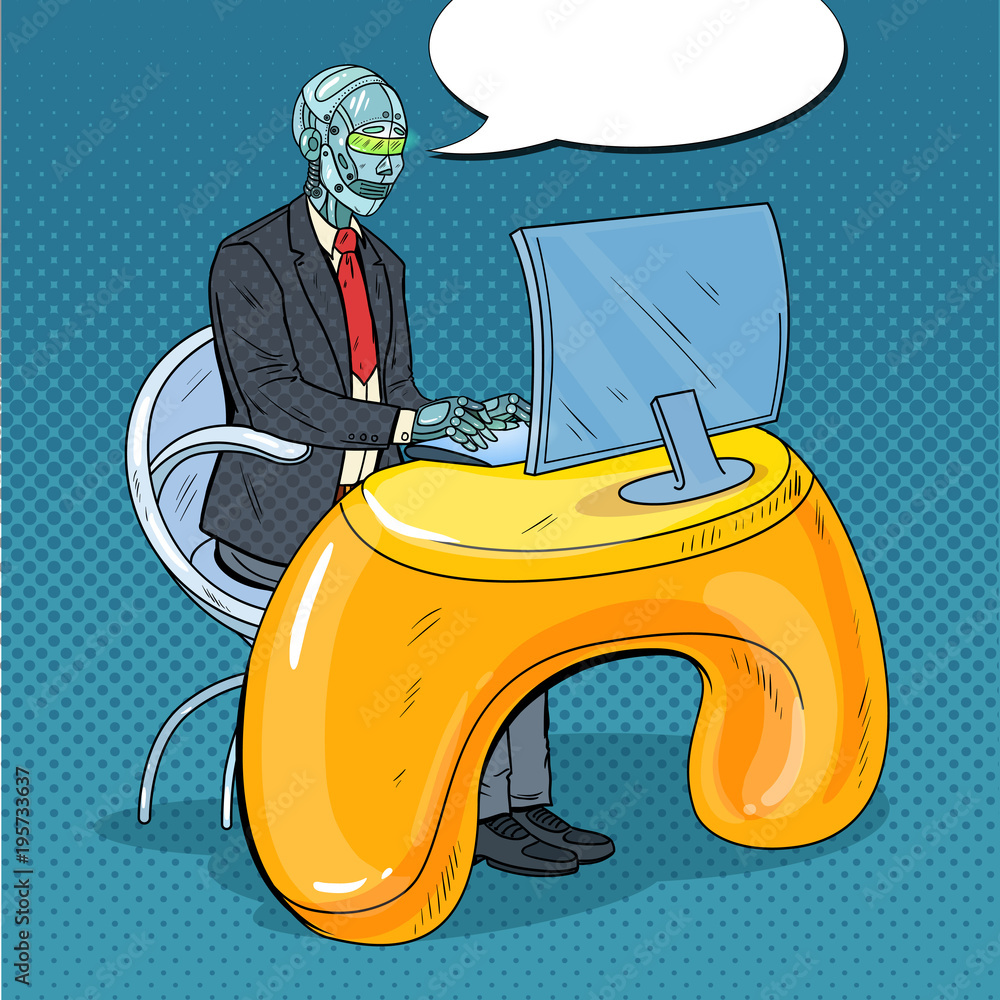 Poster pop art futuristic robotic man working with computer. intelligence technology. robot office worker. 