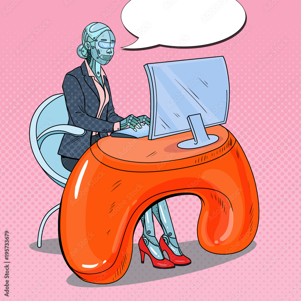 Poster pop art futuristic robotic woman working with computer. artificial intelligence technology. robot of