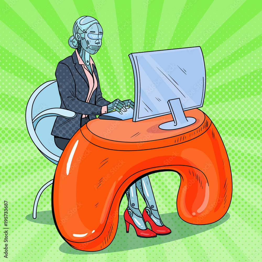Poster pop art futuristic robotic woman working with computer. intelligence technology. robot office worker