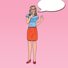 Pop Art Young Woman with Microphone. Female TV Reporter. Speaker on Presentation. Vector illustration