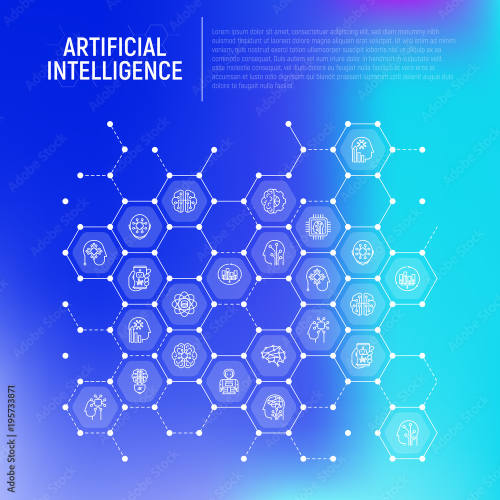 Poster artificial intelligence concept in honeycombs with thin line icons: robot, brain, machine learning, 