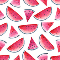 Seamless Tropical pattern of watermelon. Hand drawn watercolor background