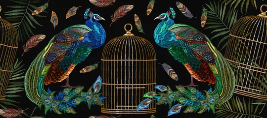 Wallpaper murals Peacock Embroidery peacocks and birds gold cage seamless pattern. Tails of peacocks and birds cage. Classical fashionable embroidery beautiful peacocks. Fashionable template for design of clothes