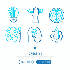 Creative thin line icons set: generation of idea, start up, brief, brainstorming, color palette, creative vision, genius. Modern vector illustration, web page template.