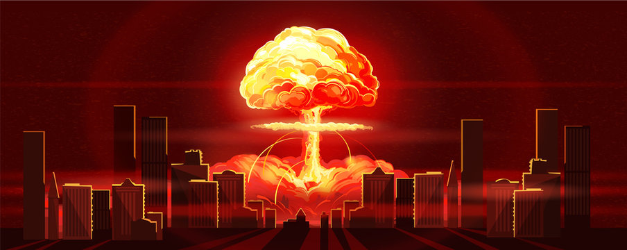 Atomic bomb in city. Symbol of nuclear war, end of world, dangers of nuclear energy. Nuclear explosion
