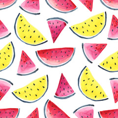 Seamless Tropical pattern of watermelon. Hand drawn watercolor background
