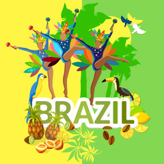 Brazil concept art. Dancing brazilian woman. Carnival culture jungle vector illustration