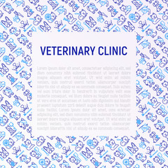 Veterinary clinic concept with thin line icons: broken leg, protective collar, injection, cardiology, cleaning of ears, teeth, shearing claws, bandage on eye, blood transfusion. Vector illustration.