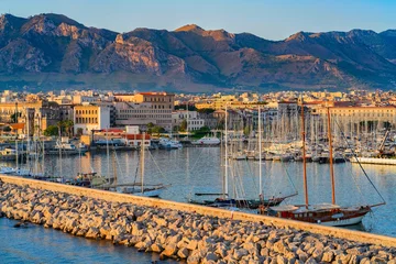 Foto op Canvas Sunrise at Mediterranian sea and port in Palermo old city © Roman Babakin