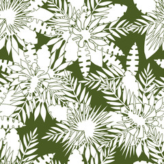 Seamless pattern of tropical leaves, vector illustration leafs of areca palm, fan palm, babana, philodendron, monstera, fern
