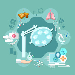 Medical operating concept. Stethoscope surgery treatment syringe, human organs tablets, first aid kit