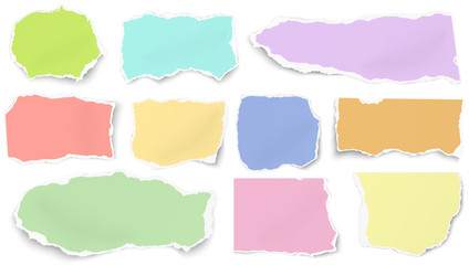 Set of color paper different shapes tears isolated on white background