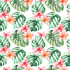 watercolor background with tropical flowers, palm leaves, jungle leaf, hibiscus