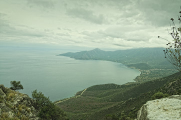 Coast of  Greece  Pelopones Leonidio Plaka/Panoramic view from the slope of the mountain on the coast of Peloponnese Greece Leonidio, near Sparta