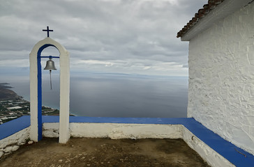 Chapel on the Seaside of  Greece  Pelopones Leonidio Plaka/ Panoramic view from the church of the chapel located on the slope of the mountain on the coast of Peloponnese Greece Leonidio, near Sparta