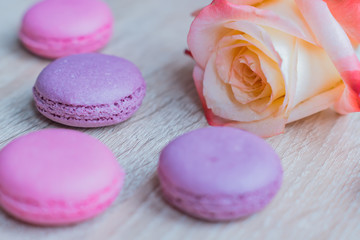 Obraz na płótnie Canvas Tender french dessert macaroons with rose flower on wooden background