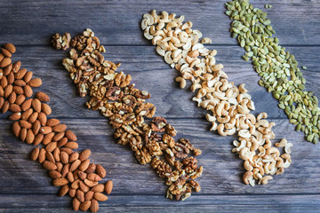 pumpkin seeds, cashew, walnut, almonds, on a wooden background, pattern, fabric, dried fruits, background texture, view svrhu, benefits, vitamins, still life beautiful, flat lay