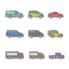 Linear car icon with outline and different kind of car