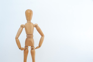 A wooden dummy stands in a confident pose. On a white background.