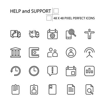 HELP and SUPPORT vector illustration thin line 48x48 Pixel Perfect 20 icon set for business people logistics transportation technical technology assessment customer service assistant. Editable Stroke