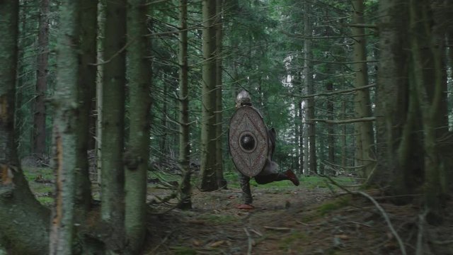 Fighter holding a shield and running