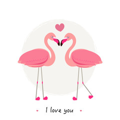 Flamingos. Couple of tropical and exotic birds. Two cartoon flamingo on white background set.''i love you'' text