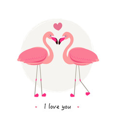Fototapeta premium Flamingos. Couple of tropical and exotic birds. Two cartoon flamingo on white background set.''i love you'' text