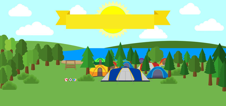 tourist tent and green meadow, on a cloudy sky. Summer camping. Natural landscape. Outdoor activities. Vector illustration.