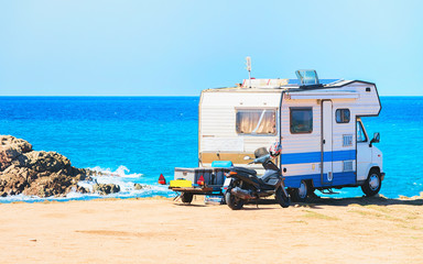 Camper at Capo Pecora resort at Mediterranean sea Sardinia
