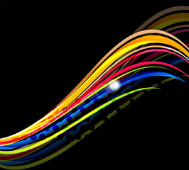 Rainbow color wavy lines on black background