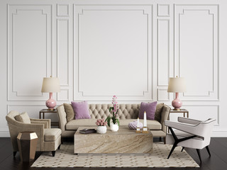 Classic interior.Sofa,chairs,sidetables with lamps,table with decor.White walls with mouldings. Floor parquet herringbone,rug with pattern.Mockup,copy space.Digital ilustration.3d rendering
