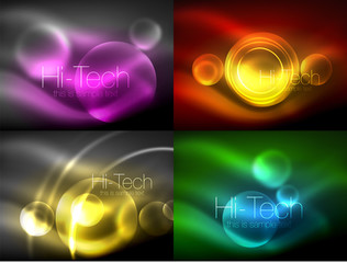 Set of blurred neon glowing circles, hi-tech modern bubble templates, techno glowing glass round shapes or spheres. Geometric abstract backgrounds