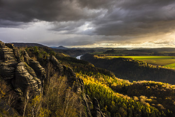 Rocks of the Schrammsteine and River Elbe in the evening, Saxon Switzerland, Germany