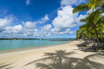 Public beach at Grand baie village on Mauritius island, Africa