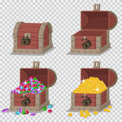Wooden pirate chest with treasures, gold coins and gems, empty open and closed with a lock. Vector cartoon set of game icons isolated on transparent background.