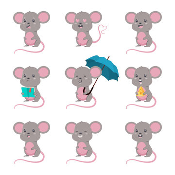 Cute cartoon mouse vector set. Character illustration of mice with different emotions isolated on a white background.