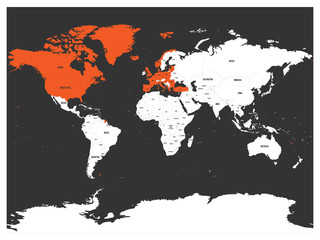 North Atlantic Treaty Organization, NATO, member countries highlighted by orange in world political map. 29 member states since June 2017.