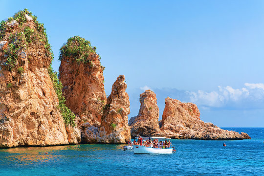 Ship in Mediterranean sea in Scopello Sicily