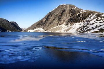 Melting snow on the lake, Norway