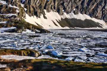 Melting snow on the lake, Norway